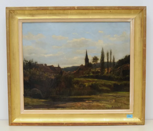 Adolf Stäbli — Blick über einen Bachlauf auf die Dächer und Kirche eines Dorfes