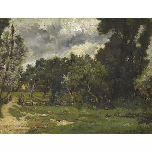 Waldrand mit Brücke und weidenden Tieren