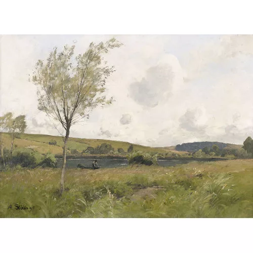 Adolf Stäbli — Flusslandschaft mit Weidenbäumen.