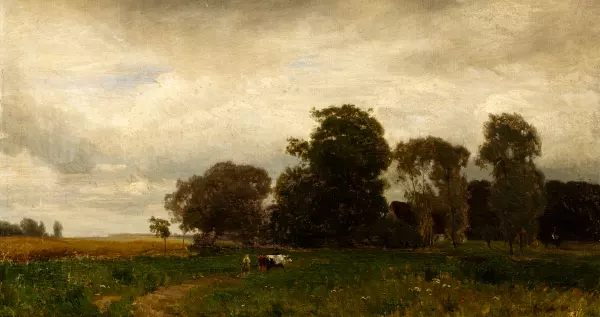 Landschaft mit Bauerngehöft in aufkommendem Gewitter