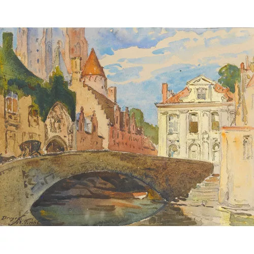 Adolf Tièche — Kanalpartie mit Kathedrale in Brügge.