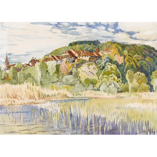 Adolf Tièche — Sommerliches Bielerseeufer mit Erlach.