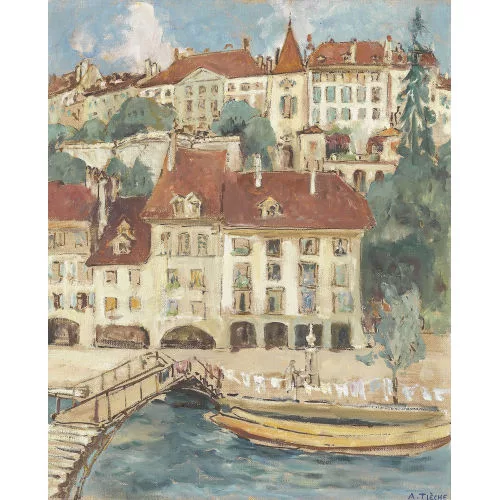 Adolf Tièche — Ansicht der Matte an der Aare mit unterer Berner Altstadt.