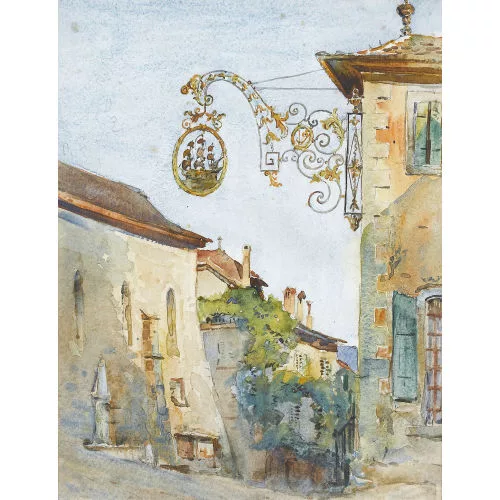 Adolf Tièche — Strassenpartie mit historischem Wirtshausschild.