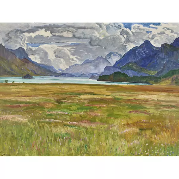 Silsersee mit Inselchen Chaviolas und Halbinsel Chastè