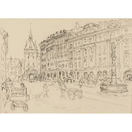 Adolf Tièche — Ansicht von Spitalgasse und Käfigturm in Bern.