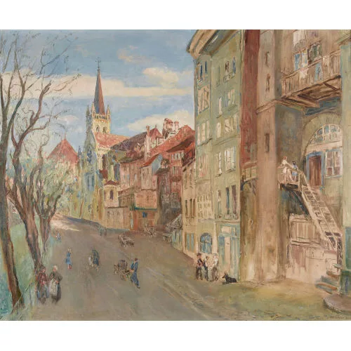 Adolf Tièche — Ansicht der Brunngasshalde in Bern bei sonnigem Himmel.