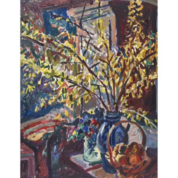 Adolf Weber — Stillleben mit Forsythienzweigen und Früchtekorb.