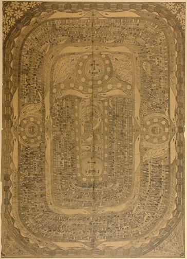 Adolf Wölfli — Blatt aus Heft Nr. 13: "Der heilige Skt. Adolf zerschlägt mit der Faust die Zellen=Thühre in der Waldau in Splitter", 1915