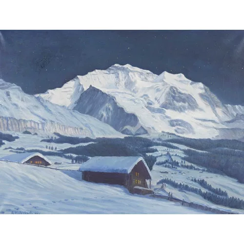Adolf Wyttenbach — Winterlandschaft mit Jungfraumassiv im Mondlicht.