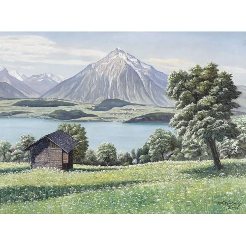 Adolf Wyttenbach — Ansicht des Thunersees im Frühling mit Niesen.