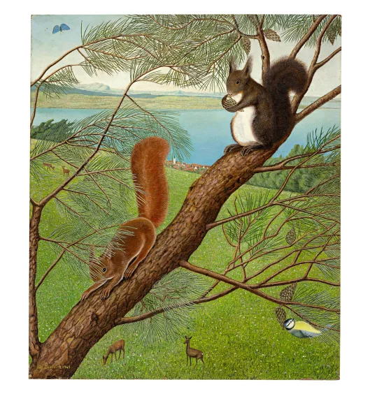 Adolf Dietrich — Zwei Eichhörnchen mit zwei Rehen