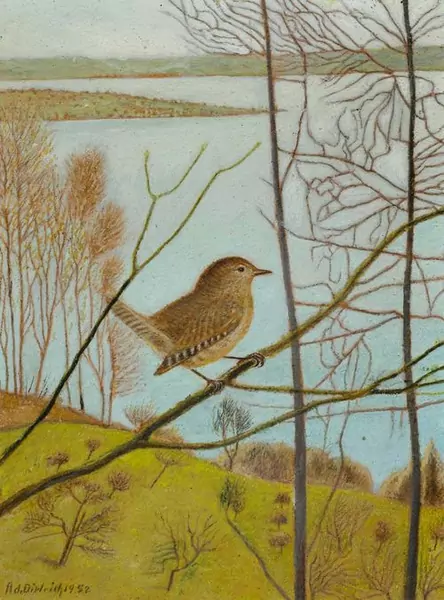 ADOLF DIETRICH — Zaunkönig vor Seelandschaft. 1952. — Koller Auktionen