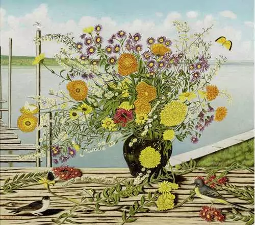 ADOLF DIETRICH — Blumenstrauss in schwarzer Vase mit zwei Vögeln. 1948. — Koller Auktionen