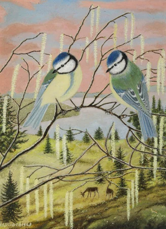 Blaumeisen auf blühendem Haselstrauch, 1948