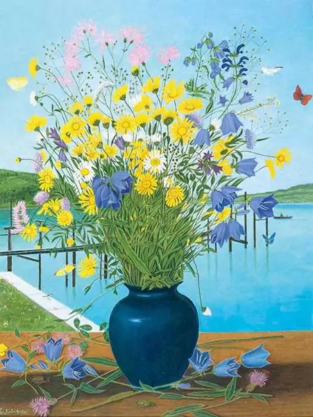 ADOLF DIETRICH — Wiesenblumenstrauss vor Seelandschaft. 1945. — Koller Auktionen