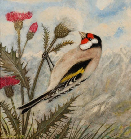 Distelfink auf Distel vor Bergkulisse, 1939