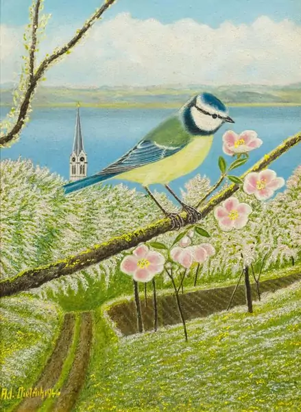 ADOLF DIETRICH — Blaumeise auf blühendem Kirschzweig. 1944. — Koller Auktionen