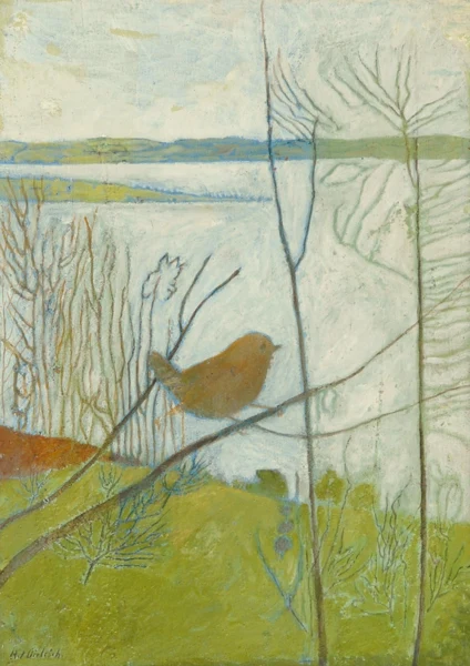 Adolf Dietrich — Zaunkönig vor Seelandschaft, ca. 1957