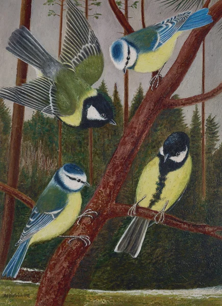 Adolf Dietrich — Vier Meisen vor Wald, 1937