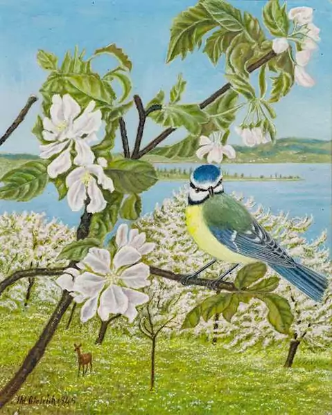 ADOLF DIETRICH — A blue tit on a flowering branch, with deer. 1945. — Koller Auktionen
