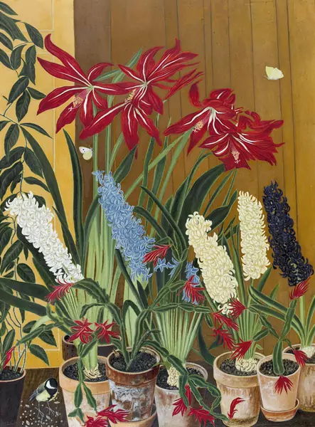 "Amaryllis und Hyazinthen mit Kohlmeise"