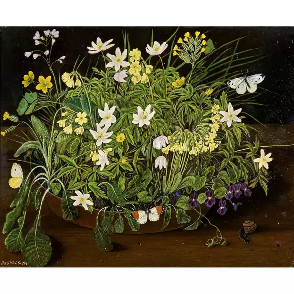 Wiesenblumen und Schmetterlinge in der Schale