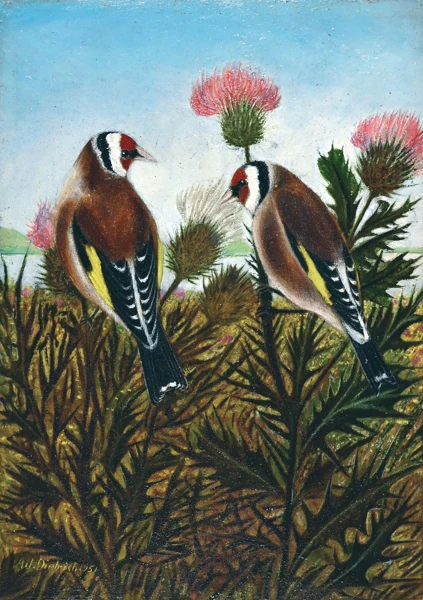 Adolf Dietrich — Zwei Distelfinken auf einer Distel, 1951