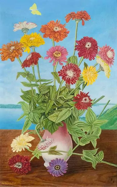 ADOLF DIETRICH — Bouquet of zinnias before Lower Lake Constance with view of Berlingen. 1940. — Koller Auktionen