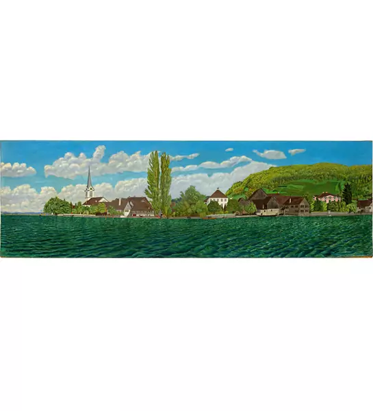 Adolf Dietrich — Berlingen mit Pappeln vom See aus — Galerie Kornfeld
