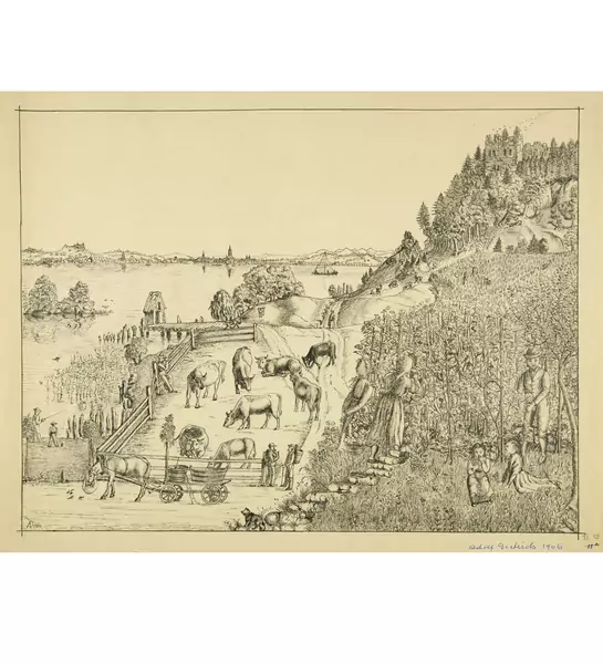 Adolf Dietrich — Landschaft am Untersee Spätere Reproduktionslithographie nach der Tuschzeichnung von Adolf Dietrich, 1906 — Galerie Kornfeld