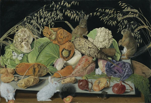 Adolf Dietrich — GEMÜSESTILLLEBEN MIT MÄUSEN UND KANINCHEN, 1928STILL LIFE WITH VEGETABLES, MICE AND RABBITS, 1928