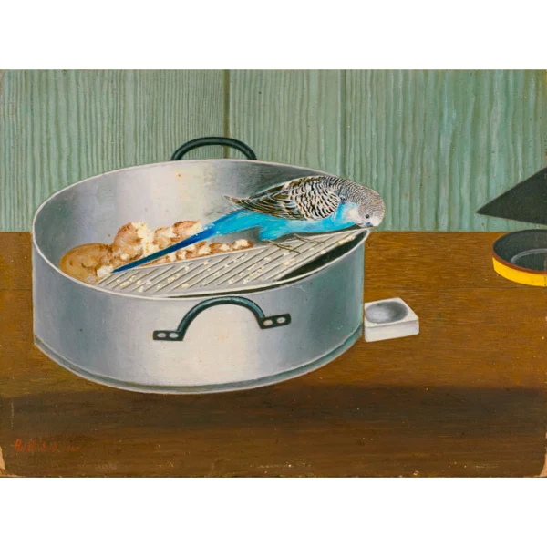 Adolf Dietrich — WELLENSITTICH AUF ALUMINIUMSCHÜSSEL, 1949 BUDGIE ON ALUMINIUM BOWL,1949