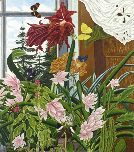 Adolf Dietrich — Blumen am Fenster mit Schmetterlingen, 1931