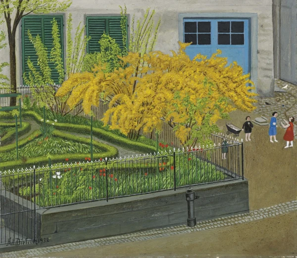 Adolf Dietrich — Gartenecke mit gelbem Busch, 1932