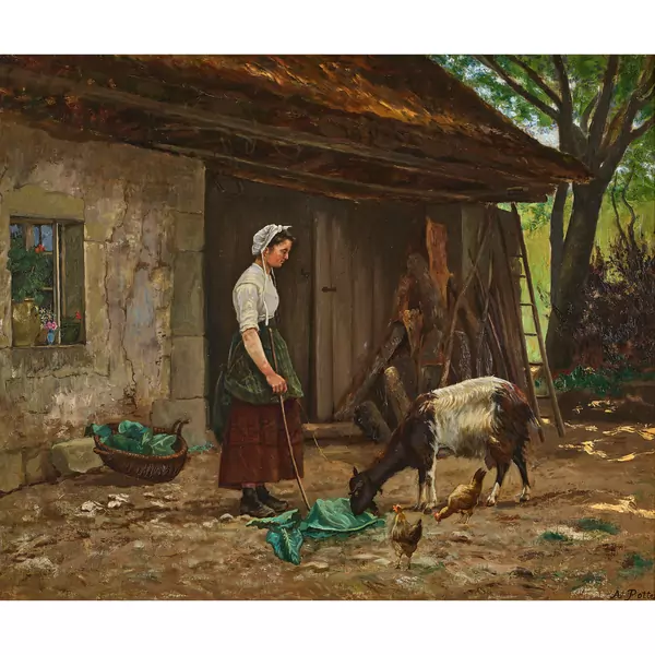 Bäuerin mit Ziege und Hühnern