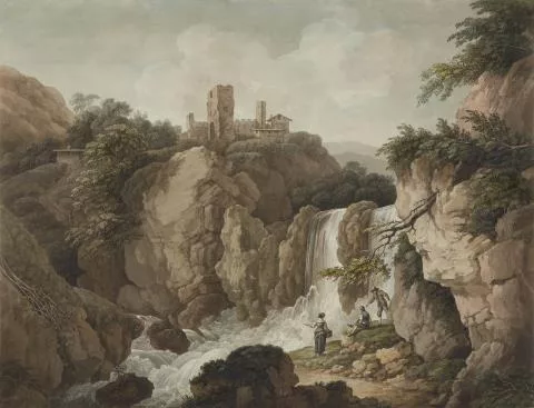 Adrian Zingg — Felsige Landschaft mit Burgruine und Wasserfall
