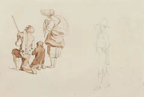 Adrian Zingg — Skizze mit Betender Bauernfamilie und promenierenden Paaren