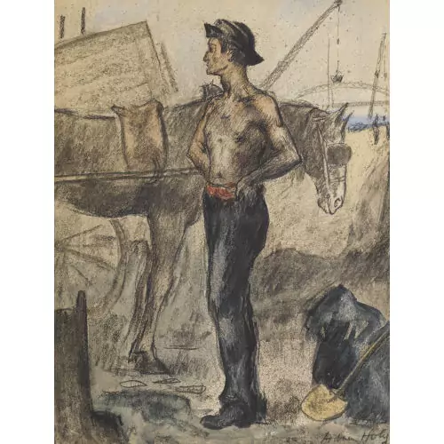 Arbeiter mit Pferdefuhrwerk