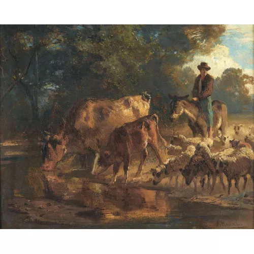 Adrien Kunkler — Reitender Hirte mit Kühen und Schafen.