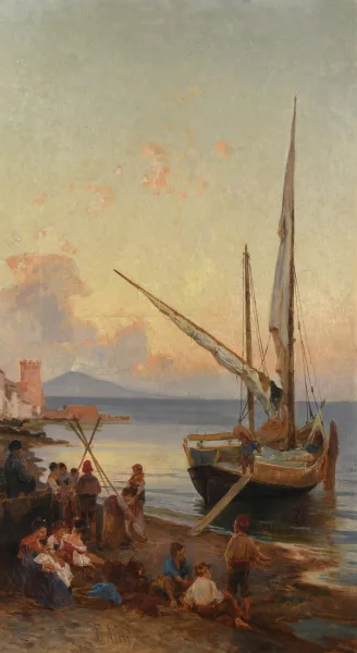Aerni, Franz Theodor — Neapolitanisches Fischervolk am Strand, im Hintergrund der Vesuv