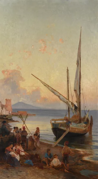 Aerni, Franz Theodor — Neapolitanisches Fischervolk am Strand, im Hintergrund der Vesuv