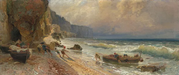 Aerni, Franz Theodor — Kinder helfen dem Fischer bei heraufziehendem Gewitter am Stand von Sorrento