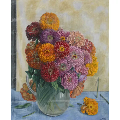 Aimé Barraud — Zinnien im Glaskrug.
