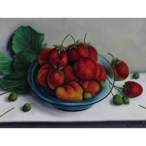 Aimé Barraud — Stillleben mit Erdbeeren in einer Glasschale.
