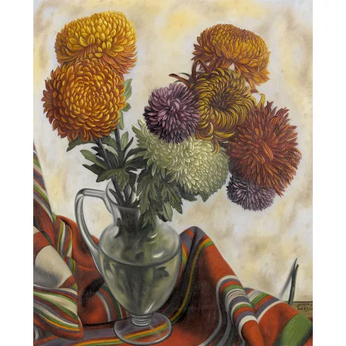 Aimé Barraud — Stillleben mit Chrysanthemen in einer Glasvase.