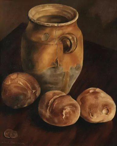 Stillleben mit Krug, Brot und Münzen
