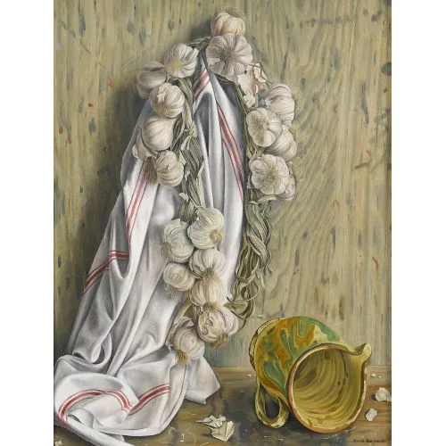 Aimé Barraud — Stillleben mit Knoblauchzopf und Henkelkrug.