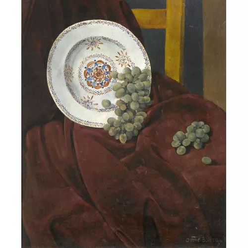 Aimé Barraud — Stillleben mit Trauben und Porzellanteller.