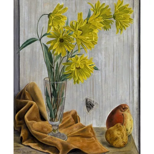 Aimé Barraud — Stillleben mit Blumen, Birnen und Nachtfalter.